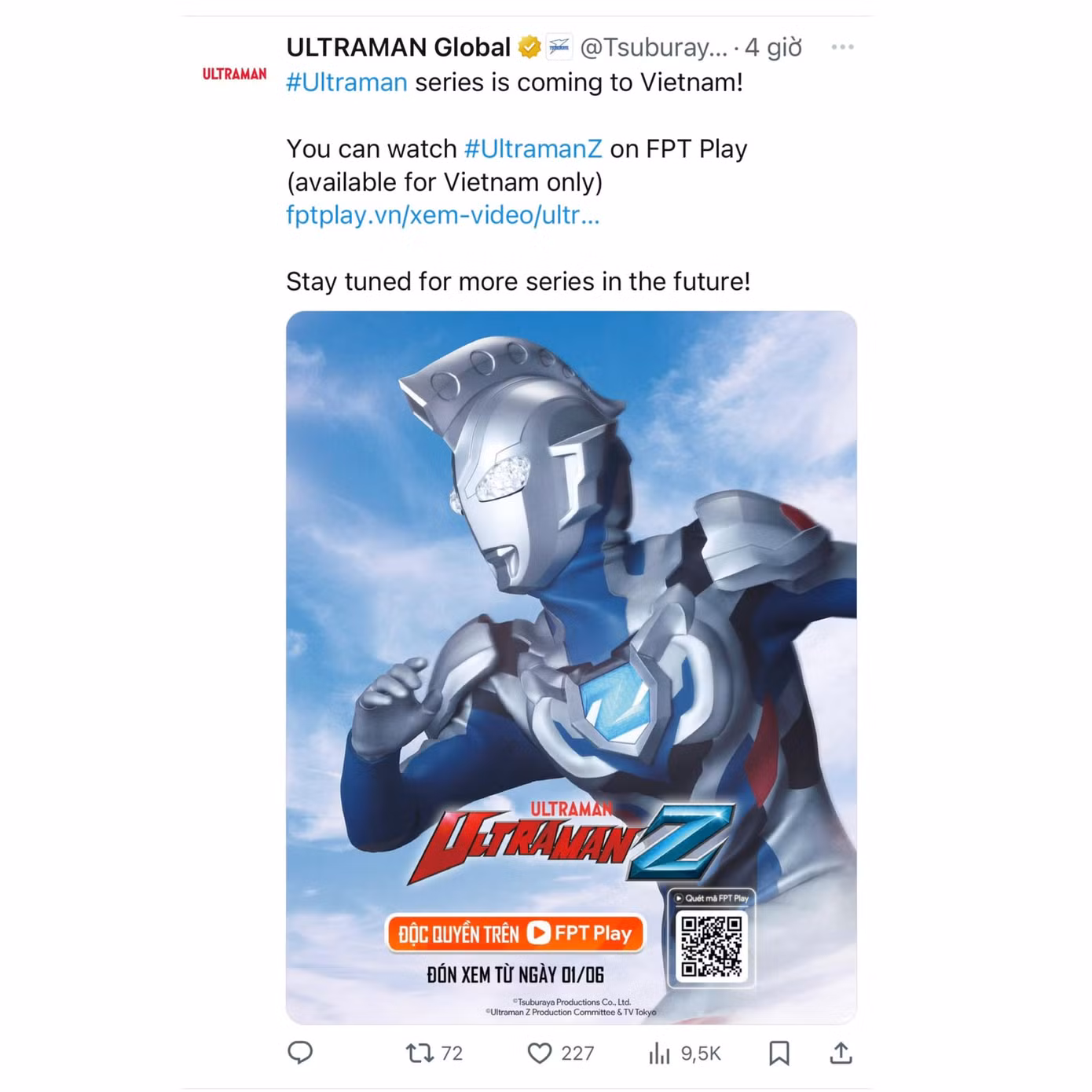 Trang X (Twitter) Ultraman toàn cầu của Tsuburaya quảng bá cho các phần phim được phân phối tại thị trường Việt Nam.