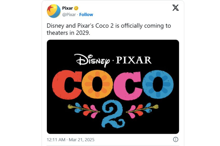Pixar xác nhận năm ra mắt chính thức của "Coco 2" trên tài khoản mạng xã hội X. Pixar xác nhận năm ra mắt chính thức của "Coco 2" trên tài khoản mạng xã hội X.