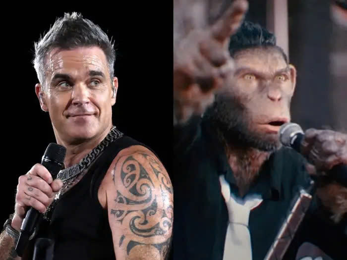 Nam ca sĩ Robbie Williams (trái) và phiên bản hình tượng hóa của anh trong phim.