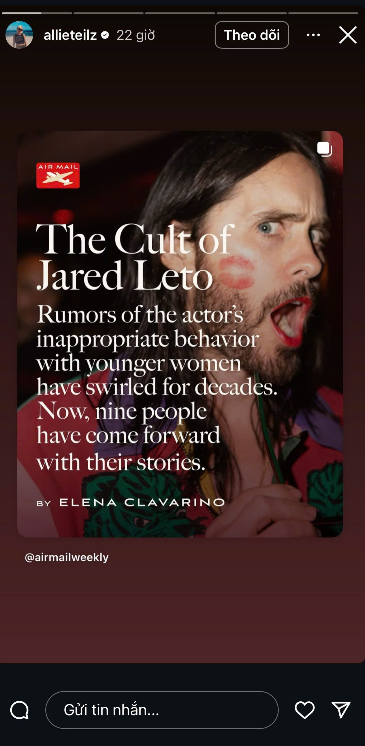 Allie Teilz chia sẻ lại bài viết của Air Mail lên Instagram cá nhân.