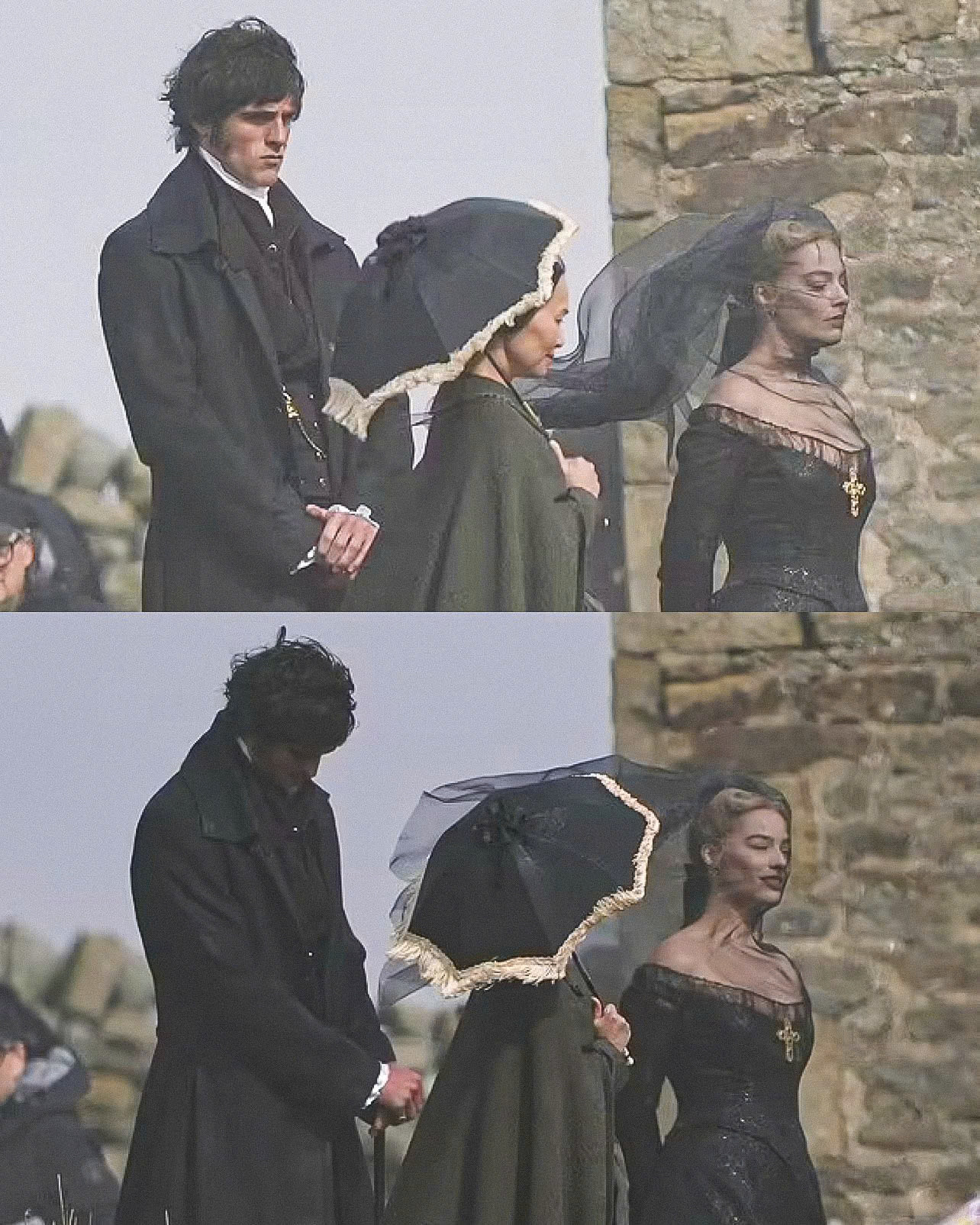 Tạo hình của Jacob Elordi và Margot Robbie trên phim trường. Ảnh: Terry Blackburn/Splash