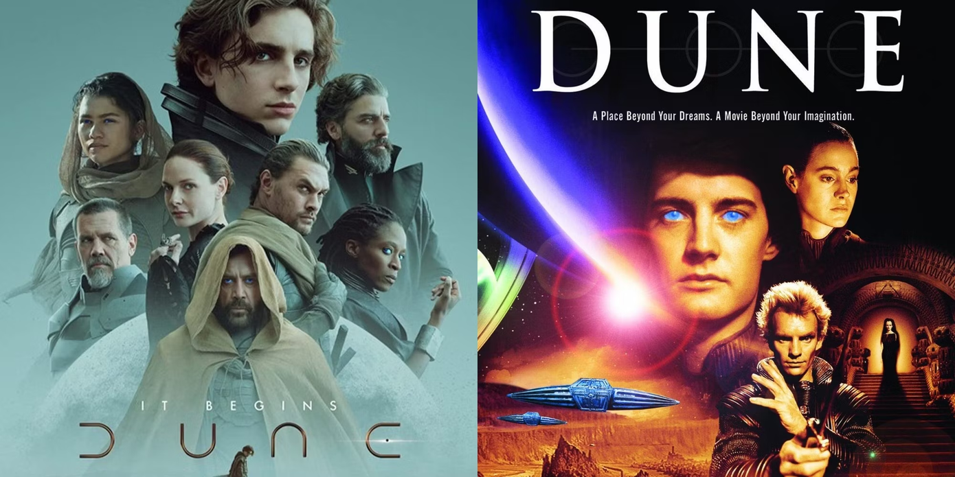 Poster chính thức của Dune bản mới (2021) và bản cũ (1984).