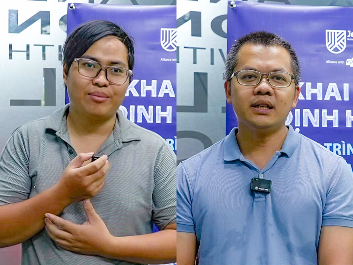 Bạn Lý Đình Nhựt (bên trái) và bạn Nguyễn Anh Tuấn (bên phải) chia sẻ tại Lễ khai giảng Bạn Lý Đình Nhựt (bên trái) và bạn Nguyễn Anh Tuấn (bên phải) chia sẻ tại Lễ khai giảng