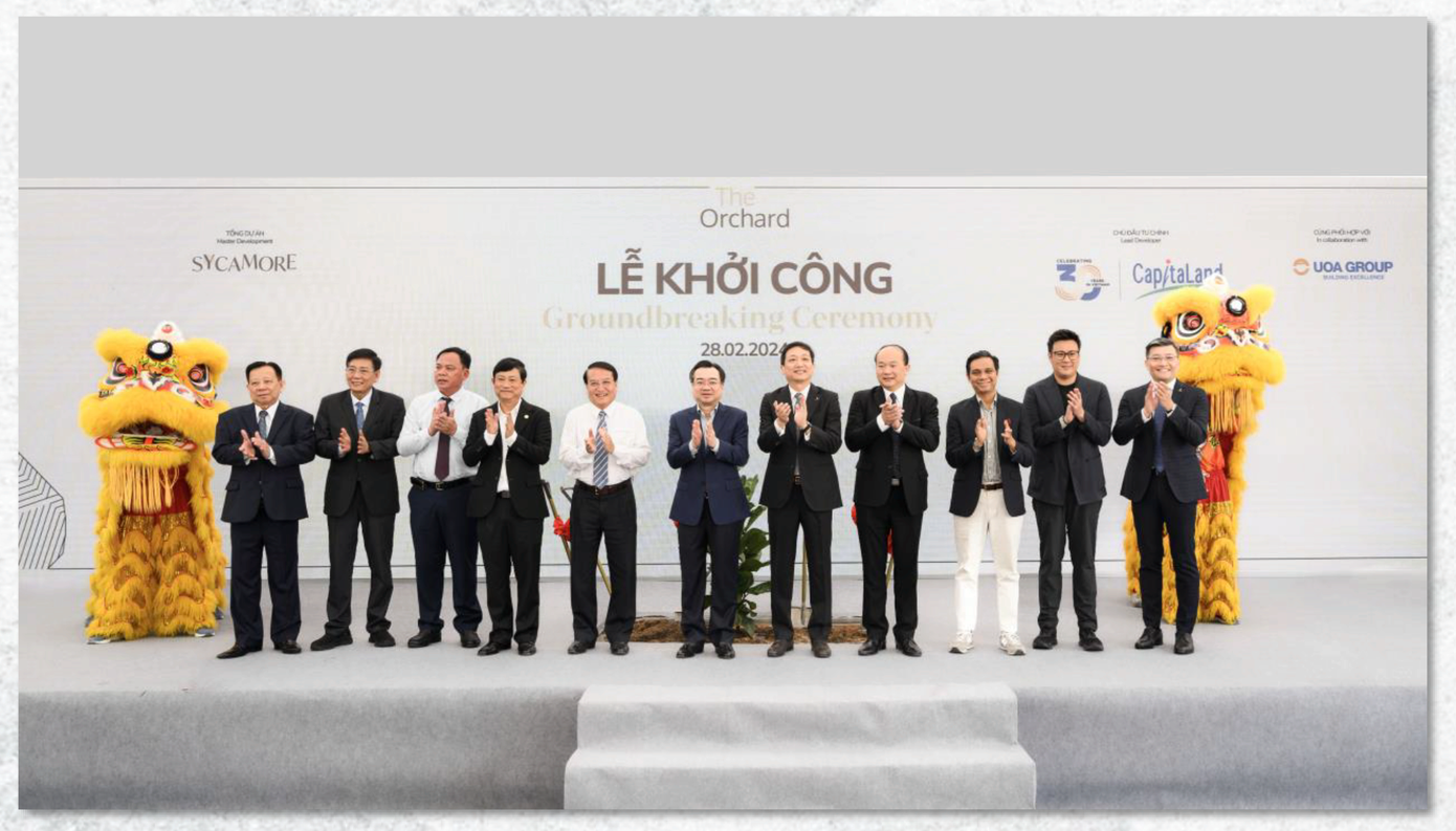 Lãnh đạo Tổng lãnh sự quán Singapore; tỉnh Bình Dương cùng Tập đoàn Becamex IDC và Capitaland thực hiện nghi thức động thổ dự án.