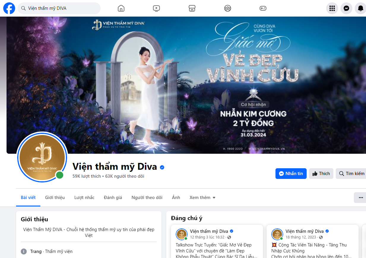 Fanpage Viện thẩm mỹ DIVA - nơi diễn ra livestream bốc thăm may mắn chương trình “Giấc mơ vẻ đẹp vĩnh cửu” Fanpage Viện thẩm mỹ DIVA - nơi diễn ra livestream bốc thăm may mắn chương trình “Giấc mơ vẻ đẹp vĩnh cửu”