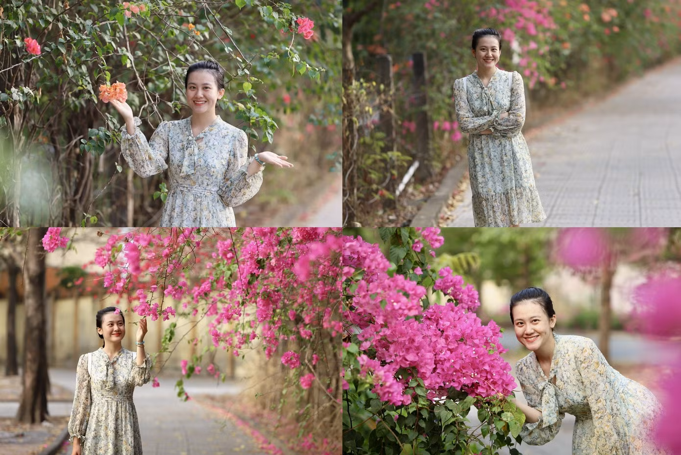 Nữ sinh khoe nét rạng ngời cùng sắc hoa tím biếc rực rỡ.
