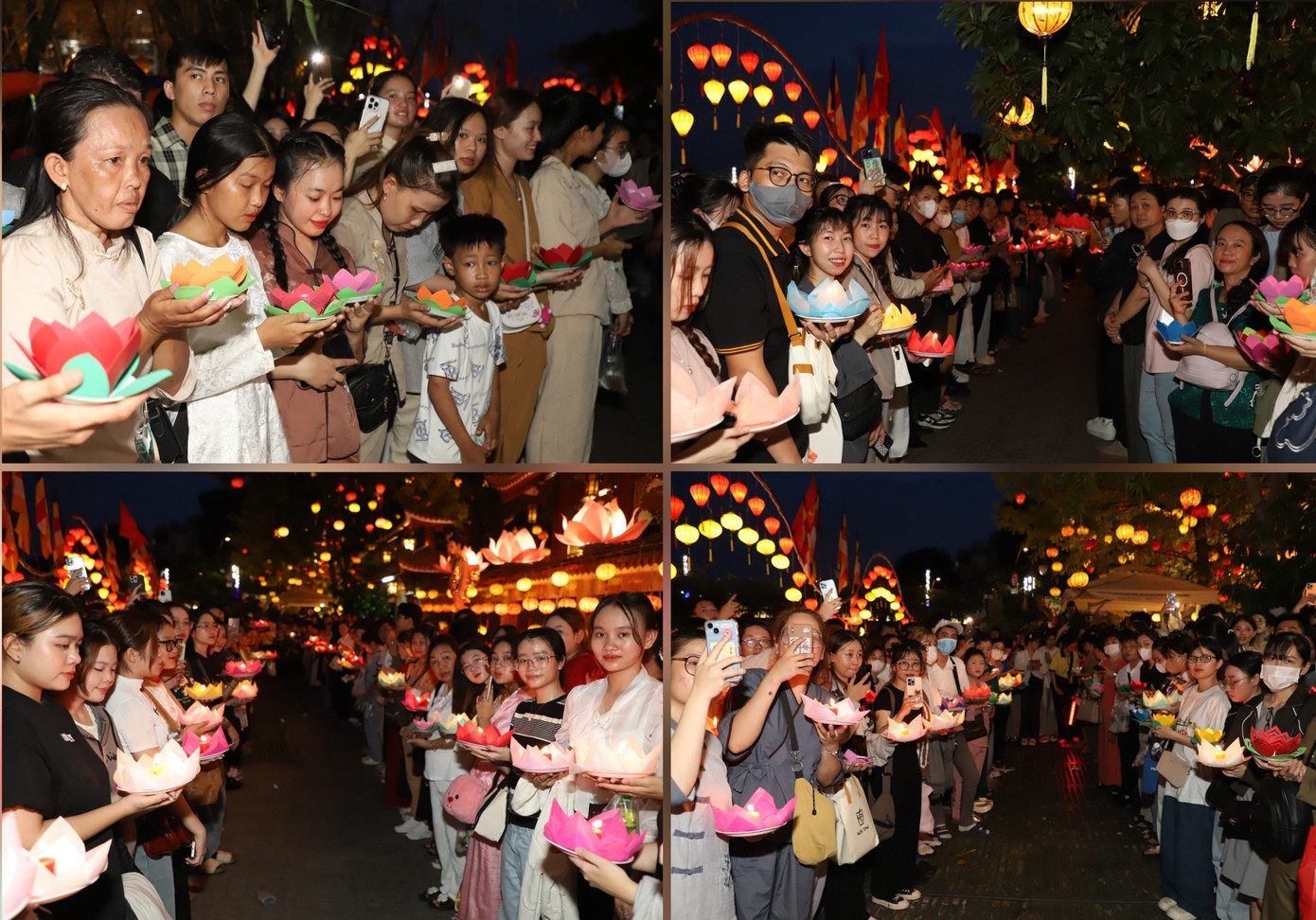 Bà con phật tử đứng thành hàng dài chờ đoàn nghi lễ đi qua trước khi gửi những hoa đăng của mình để Ban tổ chức thả vào dòng nước, chở theo những ước nguyện tốt đẹp.