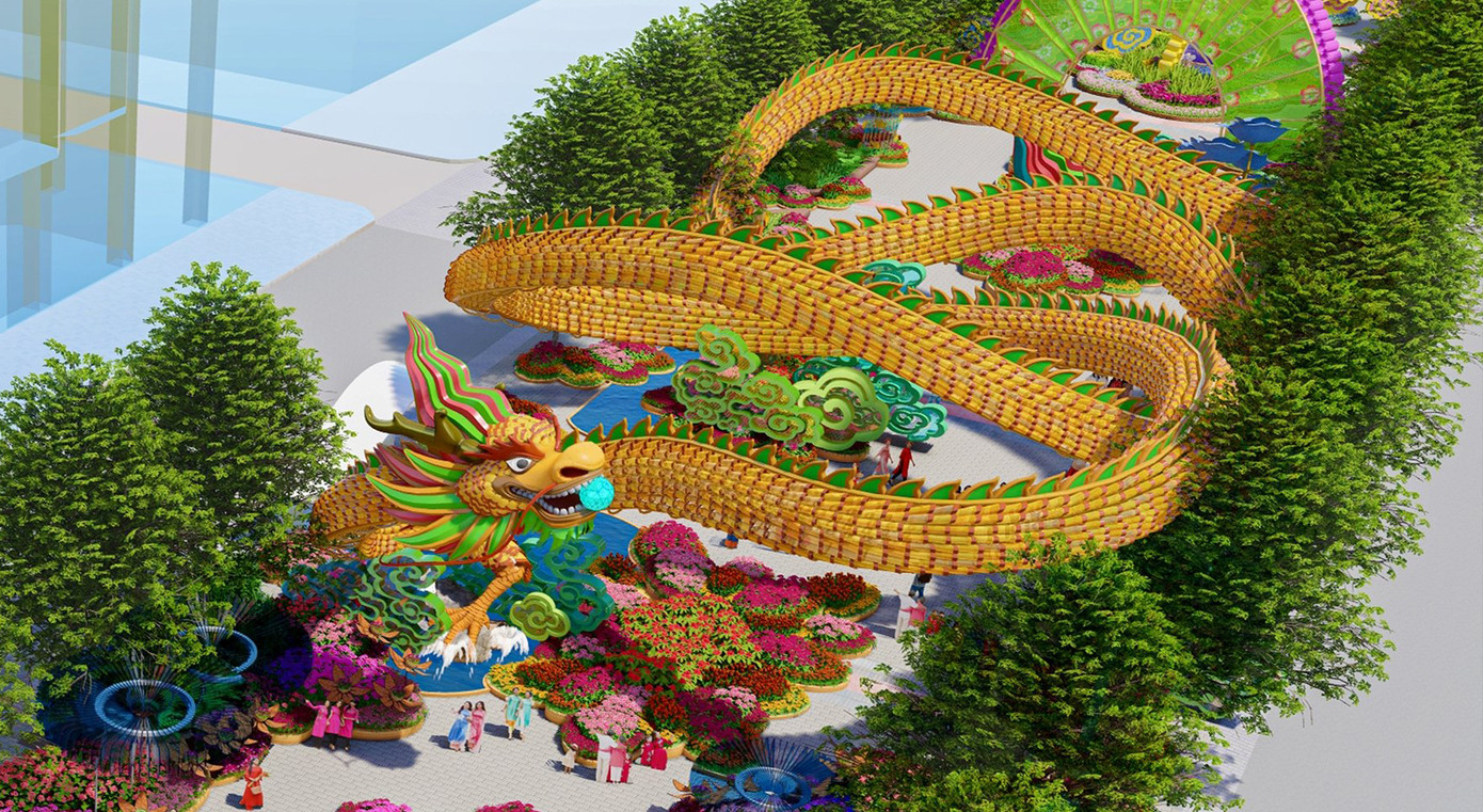 Phối cảnh linh vật rồng khổng lồ trên công trình Đường hoa Nguyễn Huệ. Ảnh: Ban tổ chức.