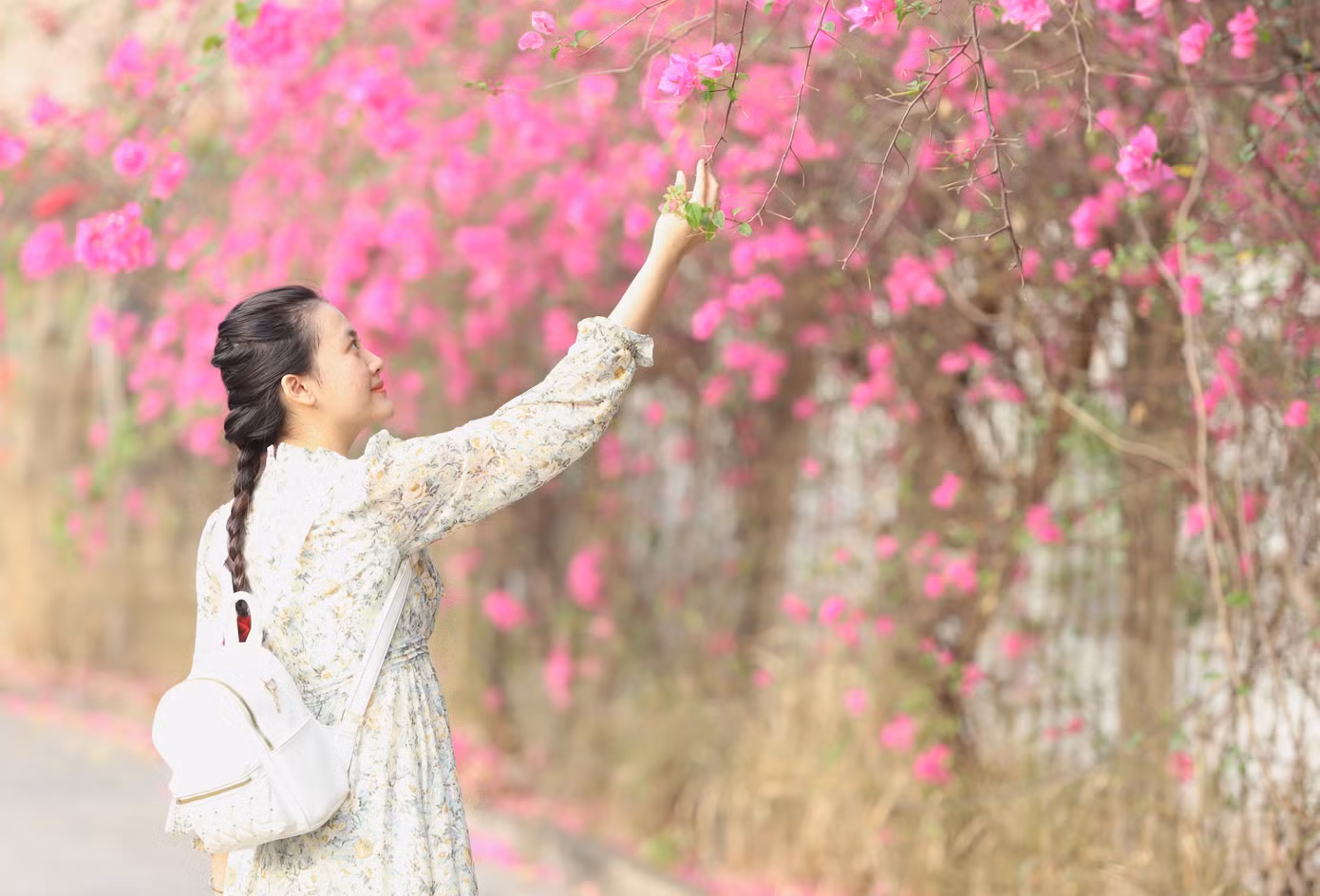Với Nguyễn Ngọc Thuỳ Linh (sinh viên năm 3, Trường Đại học Khoa học Xã hội và Nhân văn TPHCM), con đường đầy hoa nở rộ tạo không khí phấn khởi trên cung đường đến trường.
