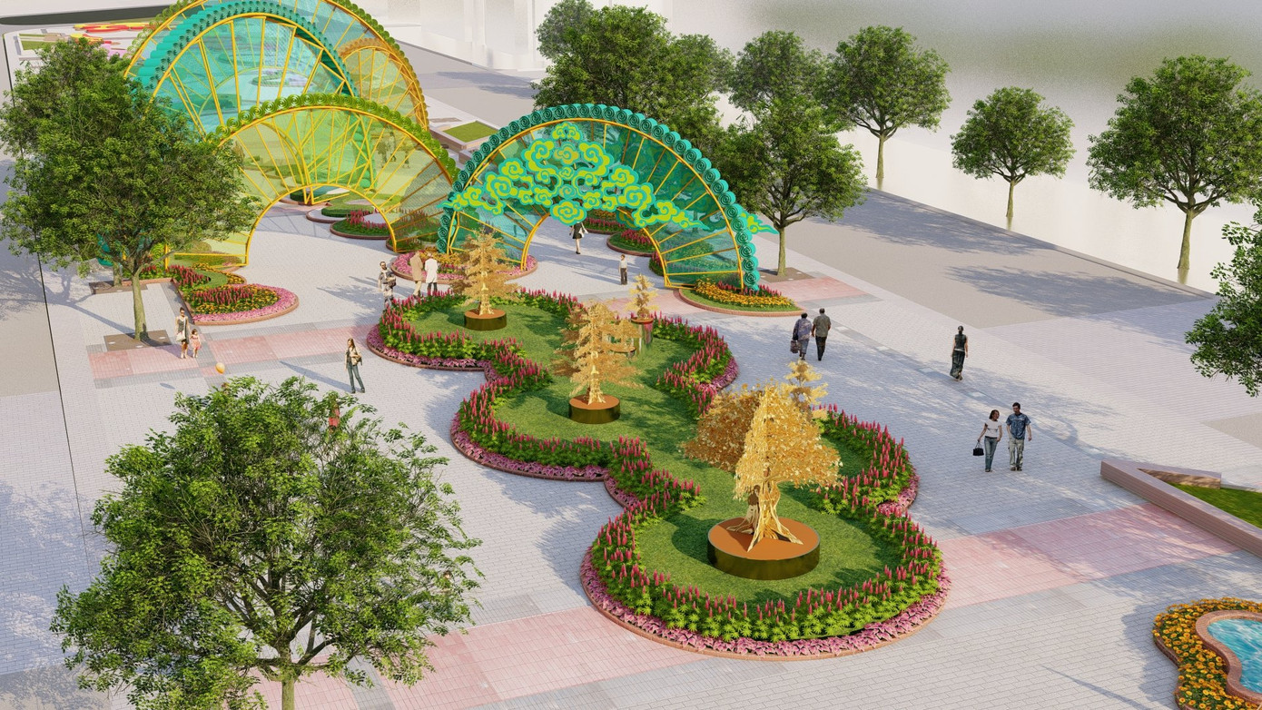 Hình ảnh phối cảnh cây hoàng kim trên đường hoa.