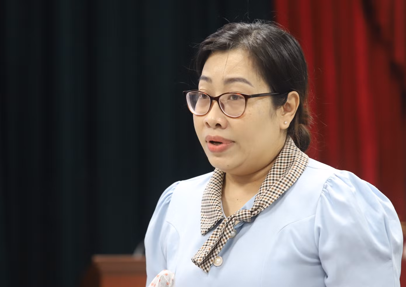 Bà Nguyễn Thành Phụng thông tin tại họp báo. Ảnh: Ngô Tùng