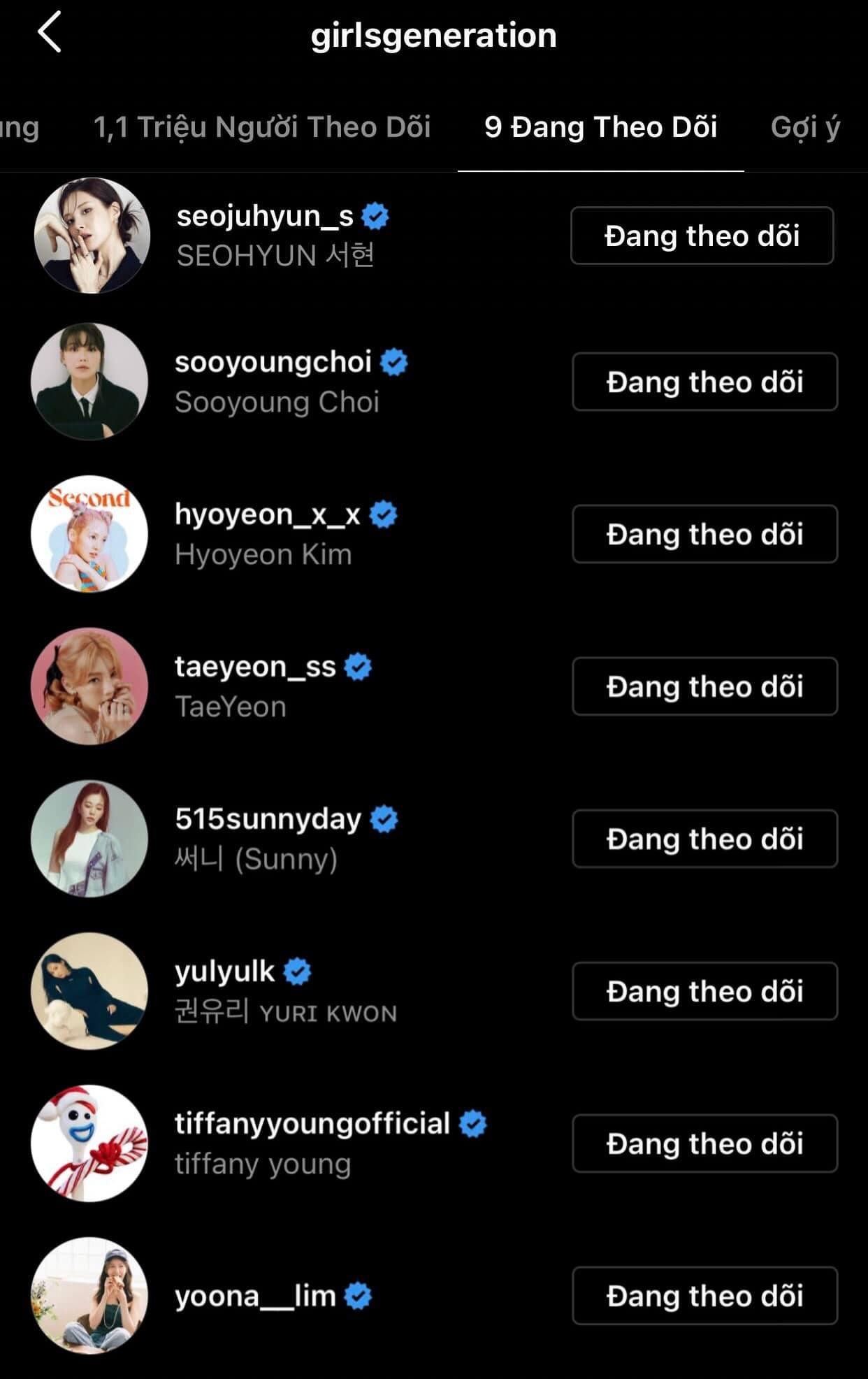 Instagram của SNSD nhấn nút theo dõi đầy đủ 8 thành viên sau thời gian dài &quot;bất động&quot;.