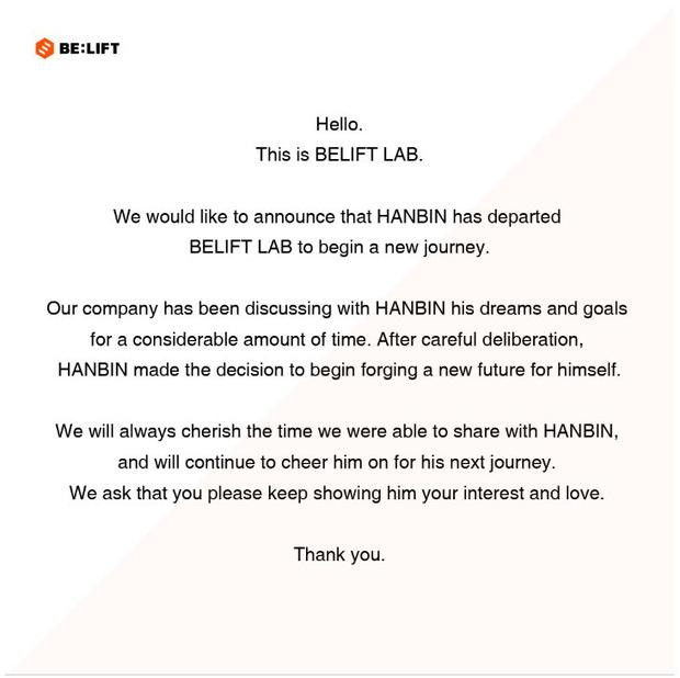 Thông báo chính thức của Belift Lab, xác nhận Hanbin rời khỏi công ty. Thông báo chính thức của Belift Lab, xác nhận Hanbin rời khỏi công ty.