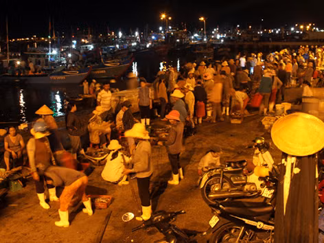 12h đêm, chợ cá âu thuyền Thọ Quang (quận Sơn Trà) đã tấp nập người mua kẻ bán, khi những chuyến tàu đánh bắt ngoài khơi vừa cập bến.