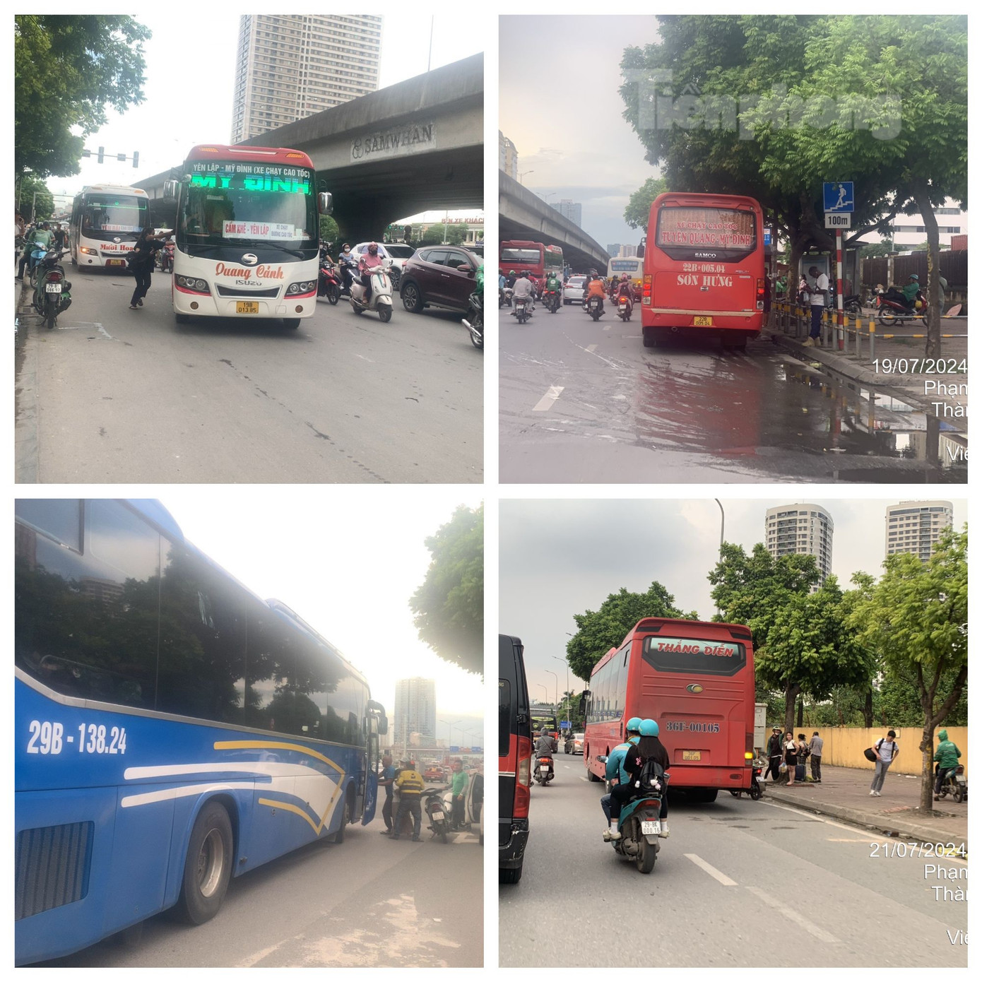 Luật Giao thông đường bộ năm 2008 quy định người lái xe khách phải đón, trả hành khách đúng nơi quy định. Tuy nhiên, theo ghi nhận của nhóm phóng viên từ giữa tháng 7/2024 đến nay, trên nhiều tuyến đường tại Hà Nội, một số xe khách thường đón, trả khách tại những địa điểm không đúng nơi quy định, dễ gây tai nạn và gây nguy hiểm cho người tham gia giao thông (ảnh: Xe khách dừng đỗ đón khách tại các quận Cầu Giấy, Nam Từ Liêm)