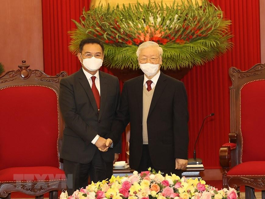 Sáng 7/12/2021, tại Trụ sở Trung ương Đảng, Tổng Bí thư Nguyễn Phú Trọng tiếp Chủ tịch Quốc hội Lào Xaysomphone Phomvihane thăm chính thức Việt Nam. (Ảnh: Trí Dũng/TTXVN) Sáng 7/12/2021, tại Trụ sở Trung ương Đảng, Tổng Bí thư Nguyễn Phú Trọng tiếp Chủ tịch Quốc hội Lào Xaysomphone Phomvihane thăm chính thức Việt Nam. (Ảnh: Trí Dũng/TTXVN)