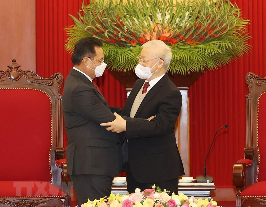 Tổng Bí thư Nguyễn Phú Trọng bày tỏ vui mừng được đón tiếp Chủ tịch Quốc hội Lào Xaysomphone Phomvihane thăm chính thức Việt Nam. (Ảnh: Trí Dũng/TTXVN) Tổng Bí thư Nguyễn Phú Trọng bày tỏ vui mừng được đón tiếp Chủ tịch Quốc hội Lào Xaysomphone Phomvihane thăm chính thức Việt Nam. (Ảnh: Trí Dũng/TTXVN)