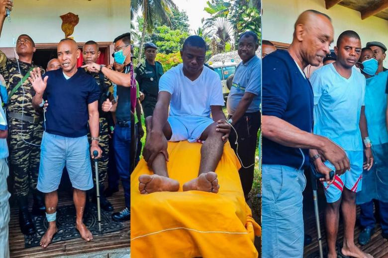 Ông Gelle (áo xanh) là một trong hai người may mắn sống sót sau vụ tai nạn trực thăng trên biển. Ảnh: Straitstimes