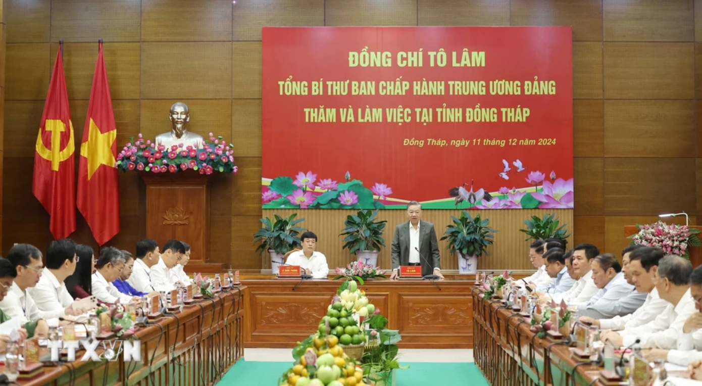 Tổng Bí thư Tô Lâm chủ trì cuộc làm việc với Ban Chấp hành Đảng bộ tỉnh Đồng Tháp. Ảnh: Thống Nhất/TTXVN Tổng Bí thư Tô Lâm chủ trì cuộc làm việc với Ban Chấp hành Đảng bộ tỉnh Đồng Tháp. Ảnh: Thống Nhất/TTXVN