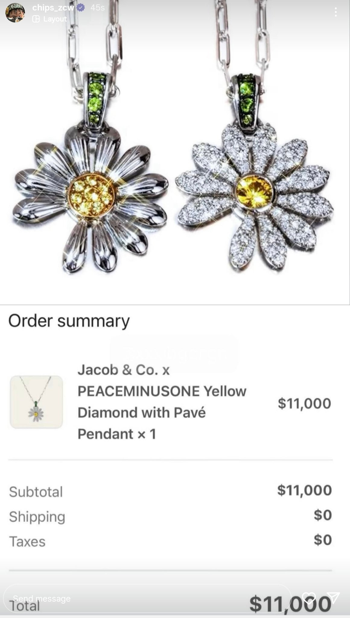 Dây chuyền kim cương hoa cúc được niêm yết với giá 11K USD (hơn 280 triệu VNĐ). Dây chuyền kim cương hoa cúc được niêm yết với giá 11K USD (hơn 280 triệu VNĐ).