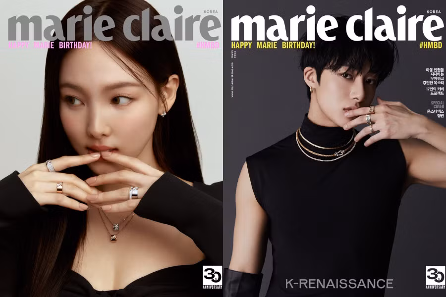 Nayeon và Hyungwon cùng dáng pose tương tự nhằm tôn lên các trang sức tinh tế của hai nhà mốt trứ danh đến từ Châu Âu.