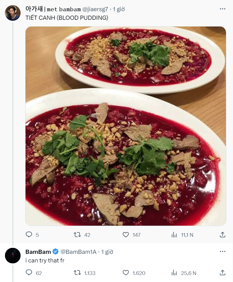 Một người hâm mộ đã gợi ý món tiết canh và BamBam đã trả lời: &quot;Mình thật sự có thể sẽ thử ăn thử món ăn đó&quot;