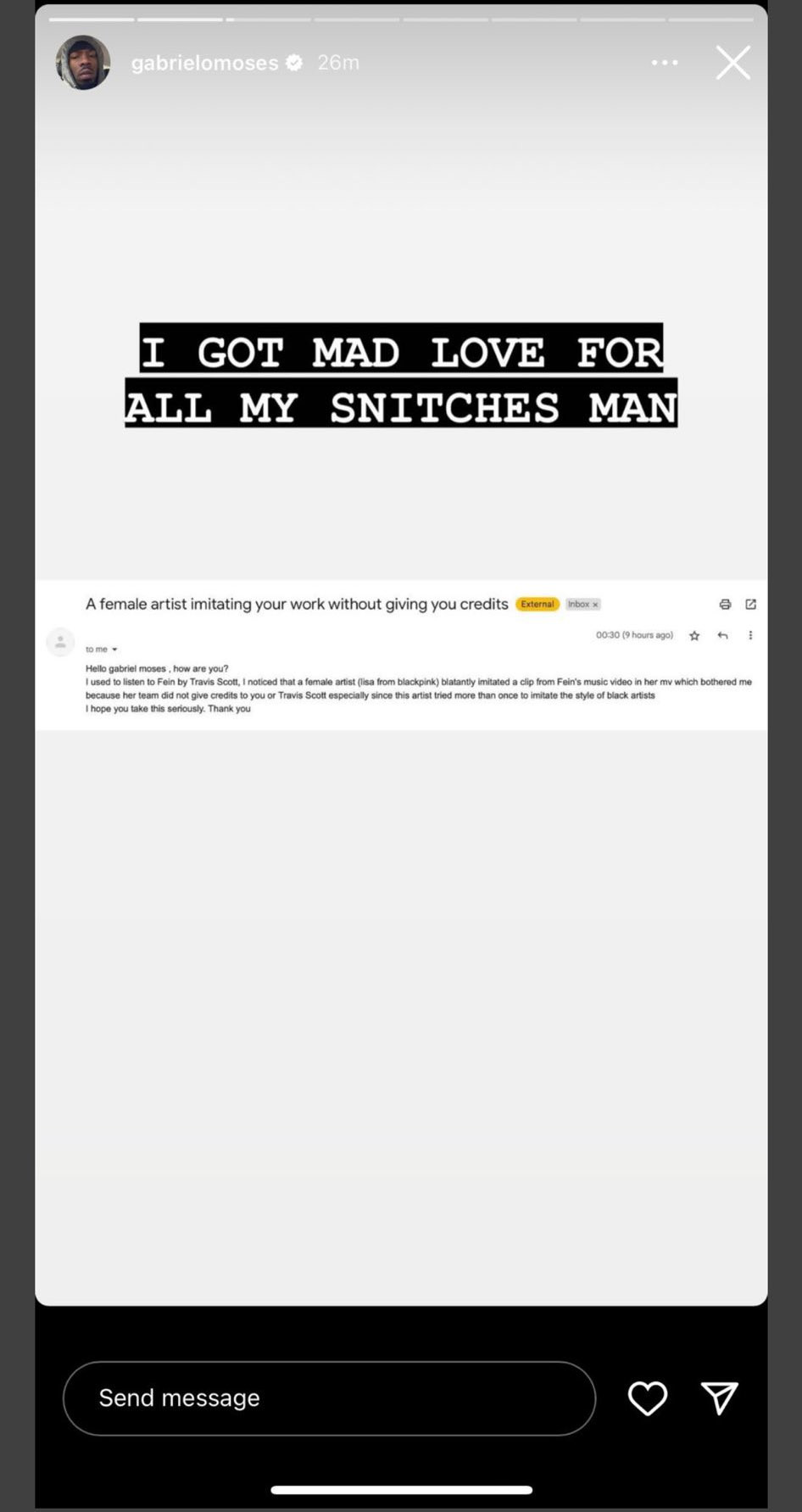 Gabriel Moses bắt đầu với email tố cáo của một khán giả, cho rằng phía Lisa đã &quot;qua mặt&quot; anh trong việc sử dụng lại ý tưởng từ MV FE!N.