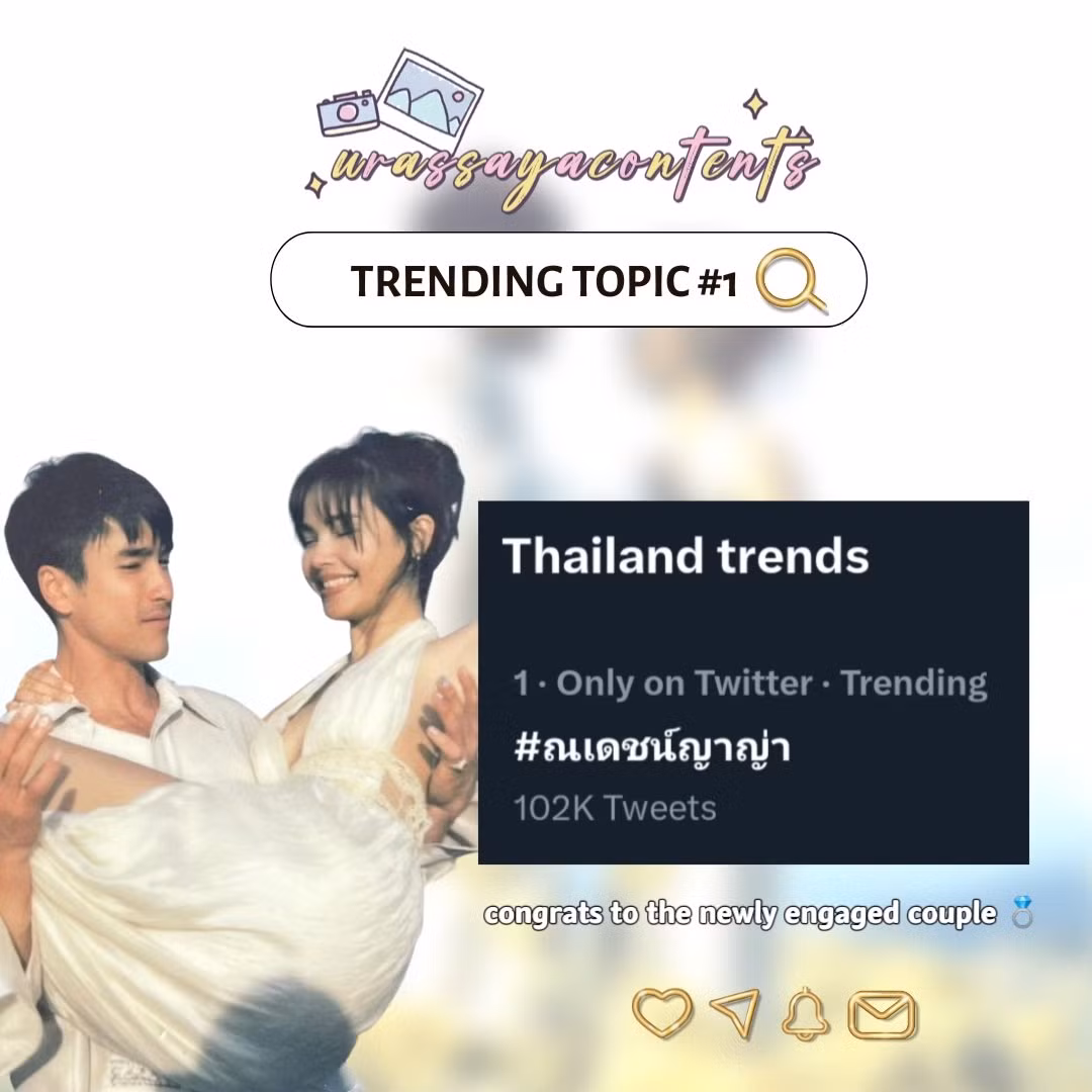 Người hâm mộ của Yaya lên bài chúc mừng cho thành tích top 1 trending Twitter Thái Lan của cặp "trai tài gái sắc". Nguồn: Twitter Yaya Contents