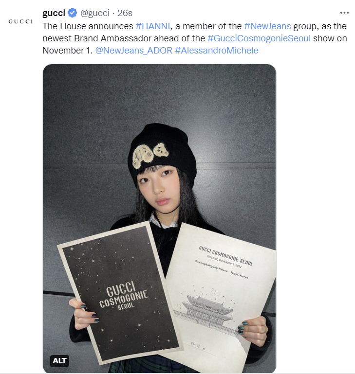 Màn "chào sân" của tân đại sứ Hanni sẽ là show diễn Gucci Cosmogonie Seoul diễn ra vào ngày 1/11 sắp tới tại cung Gyeongbokgung/ cung Cảnh Phúc, Seoul.