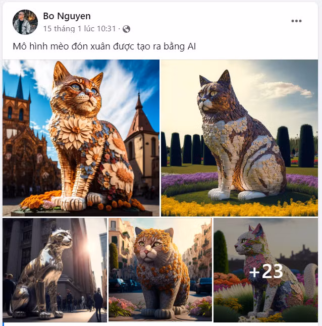 Bài đăng của người dùng Facebook tên Bo Nguyen - "chủ nhân" của bức tượng mèo đình đám được tạo ra bởi AI. Bài đăng của người dùng Facebook tên Bo Nguyen - "chủ nhân" của bức tượng mèo đình đám được tạo ra bởi AI.