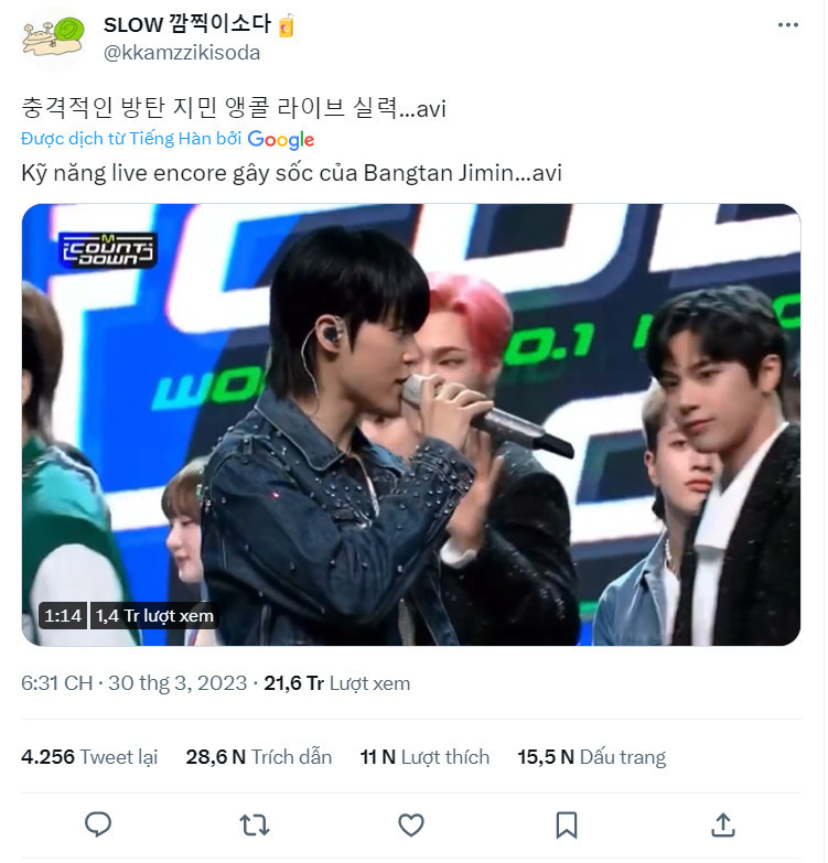 Đoạn video ghi lại khoảnh khắc encore của Jimin đã chạm mốc hàng triệu lượt xem và tiếp cận trên Twitter. Đoạn video ghi lại khoảnh khắc encore của Jimin đã chạm mốc hàng triệu lượt xem và tiếp cận trên Twitter.