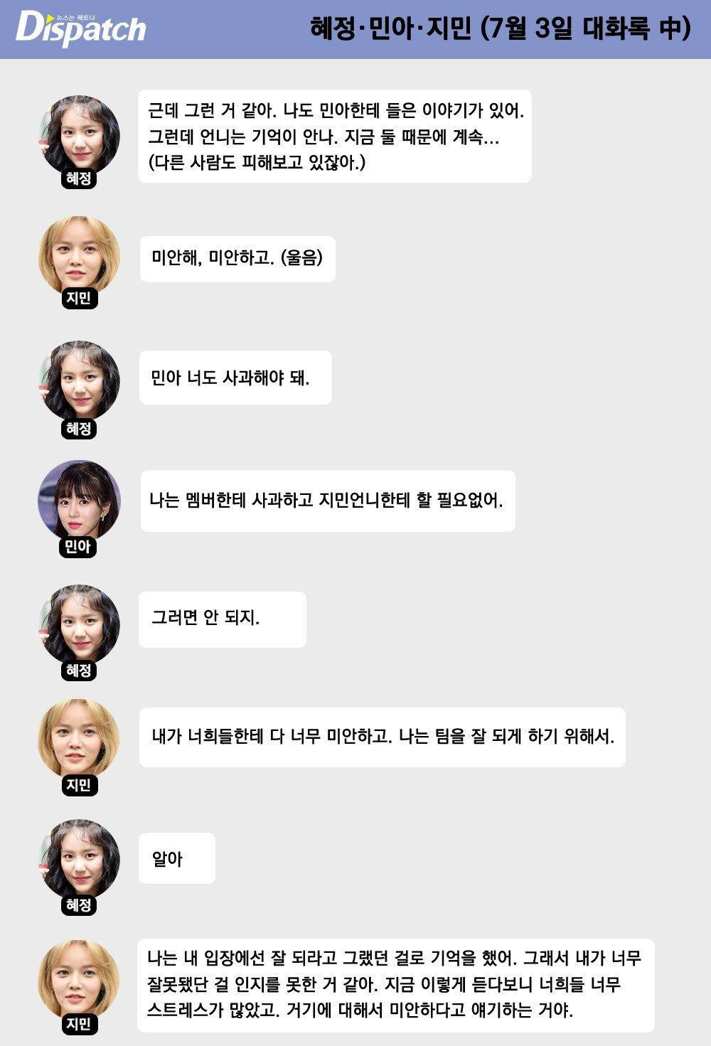 Ngay ngày bài tố cáo được đăng tải, Jimin và các thành viên AOA đã đến tìm gặp Mina. Dispatch đã lấy được bản ghi của cuộc trò chuyện kéo dài hai giờ vào thời điểm đó. Ngay ngày bài tố cáo được đăng tải, Jimin và các thành viên AOA đã đến tìm gặp Mina. Dispatch đã lấy được bản ghi của cuộc trò chuyện kéo dài hai giờ vào thời điểm đó.