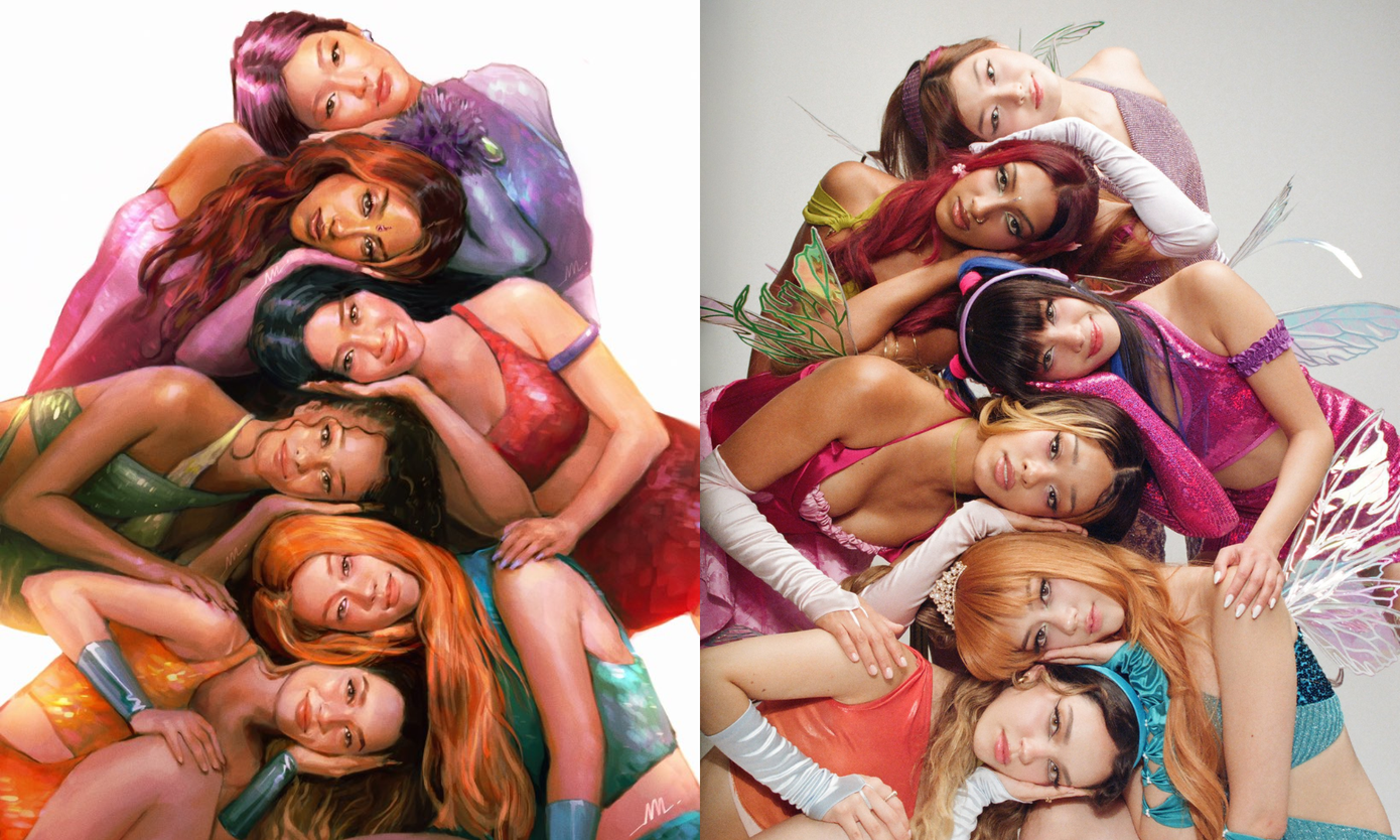 Tấm fan-art được vẽ vào tháng 9 (bên trái) đã được KATSEYE "hiện thực hóa" (bên phải) khiến nhiều khán giả phấn khích. Tấm fan-art được vẽ vào tháng 9 (bên trái) đã được KATSEYE "hiện thực hóa" (bên phải) khiến nhiều khán giả phấn khích.