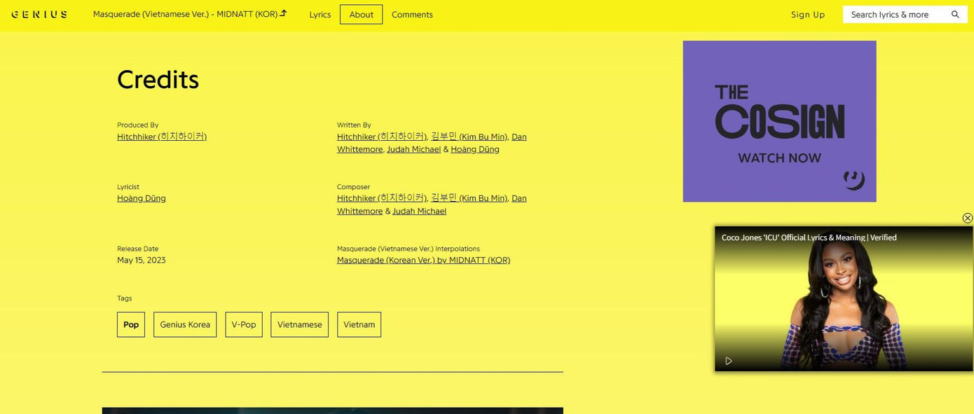 Tên của Hoàng Dũng trong phần credit người viết lời Việt cho bài hát Masquerade trên chuyên trang âm nhạc Genius. Tên của Hoàng Dũng trong phần credit người viết lời Việt cho bài hát Masquerade trên chuyên trang âm nhạc Genius.