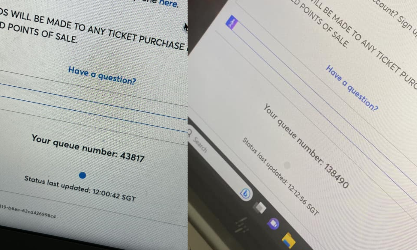 "Chảo lửa" vé pre-sale của đêm diễn The Eras Tour tại Singapore căng thẳng đến mức các số thứ tự hàng chục nghìn, thậm chí là hàng trăm nghìn cũng được xem là "quá may mắn". "Chảo lửa" vé pre-sale của đêm diễn The Eras Tour tại Singapore căng thẳng đến mức các số thứ tự hàng chục nghìn, thậm chí là hàng trăm nghìn cũng được xem là "quá may mắn".