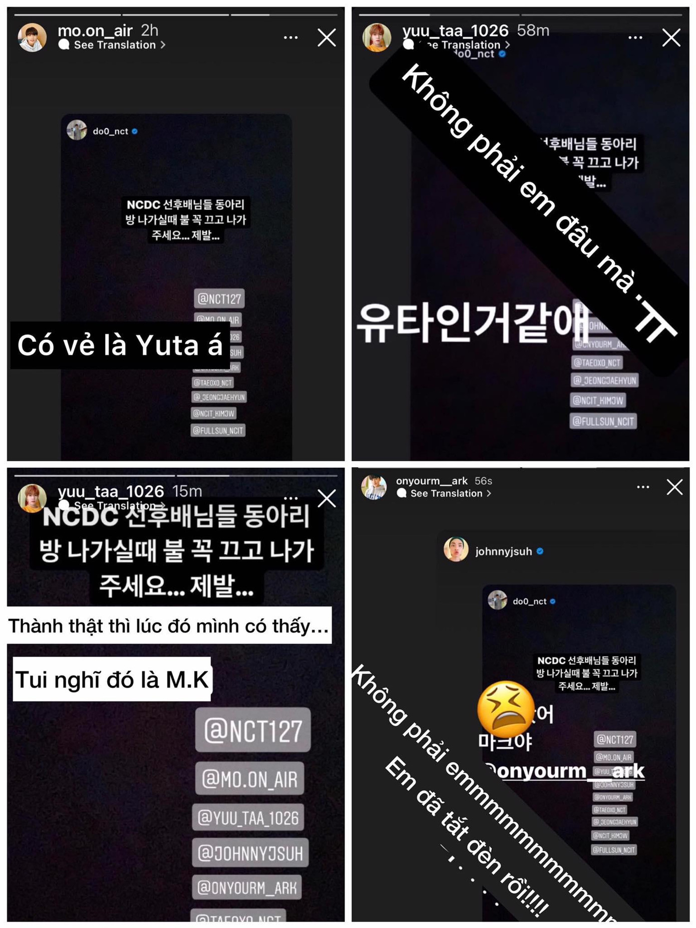 Những "pha đùn đẩy trách nhiệm" giữa các thành viên NCT 127 trong vụ án "Ai là người không chịu tắt đèn?”. - Ảnh: Facebook Nhà không có gì ngoài điều kiện.