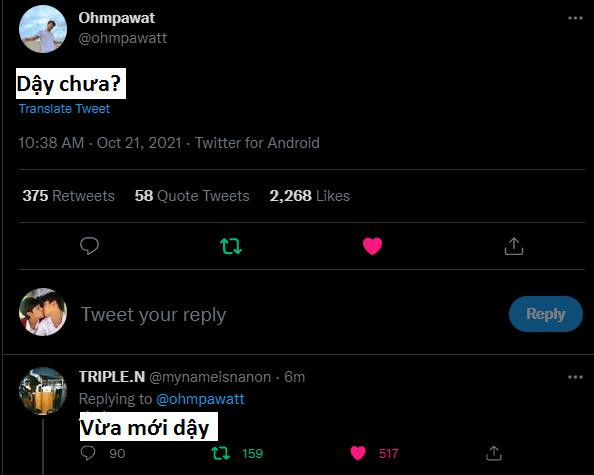 Không khó để bắt gặp những khoảnh khắc hai chàng diễn viên hỏi han, quan tâm nhau trên mạng xã hội giữa "thanh thiên bạch nhật". Nguồn: OhmNon Vietnam Fanpage - Ohm Pawat & Nanon Korapat Không khó để bắt gặp những khoảnh khắc hai chàng diễn viên hỏi han, quan tâm nhau trên mạng xã hội giữa "thanh thiên bạch nhật". Nguồn: OhmNon Vietnam Fanpage - Ohm Pawat & Nanon Korapat