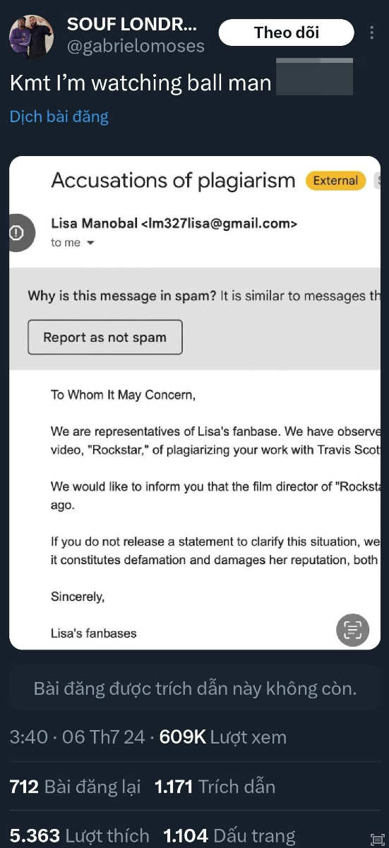 Gabriel Moses còn "bóc phốt" một người hâm mộ của Lisa đã giả mạo email xử lý cáo buộc đạo nhái của RCA Records - hãng đĩa đang quản lý các hoạt động phát hành cho nữ thần tượng. Gabriel Moses còn "bóc phốt" một người hâm mộ của Lisa đã giả mạo email xử lý cáo buộc đạo nhái của RCA Records - hãng đĩa đang quản lý các hoạt động phát hành cho nữ thần tượng.