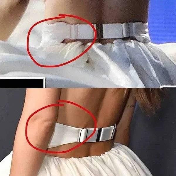 Phần đai lưng của Kim Tae Ri (phía trên) có sự khác biệt so với mẫu váy Dakota Johnson mặc.