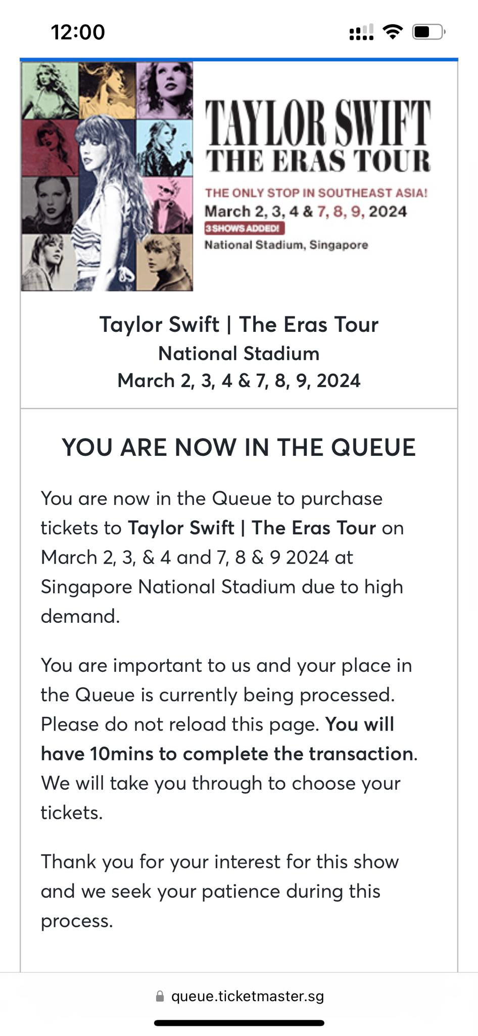 Đây là chiếc màn hình mà bất kể "fan cứng" nào của Taylor Swift cũng mong đợi - màn hình xác nhận đến lượt mua vé từ Ticketmaster. Tuy nhiên, mỗi tài khoản chỉ có 10 phút để hoàn tất toàn bộ thủ tục giao dịch và mọi rủi ro "30 chưa phải là Tết" vẫn có thể xảy ra. Đây là chiếc màn hình mà bất kể "fan cứng" nào của Taylor Swift cũng mong đợi - màn hình xác nhận đến lượt mua vé từ Ticketmaster. Tuy nhiên, mỗi tài khoản chỉ có 10 phút để hoàn tất toàn bộ thủ tục giao dịch và mọi rủi ro "30 chưa phải là Tết" vẫn có thể xảy ra.