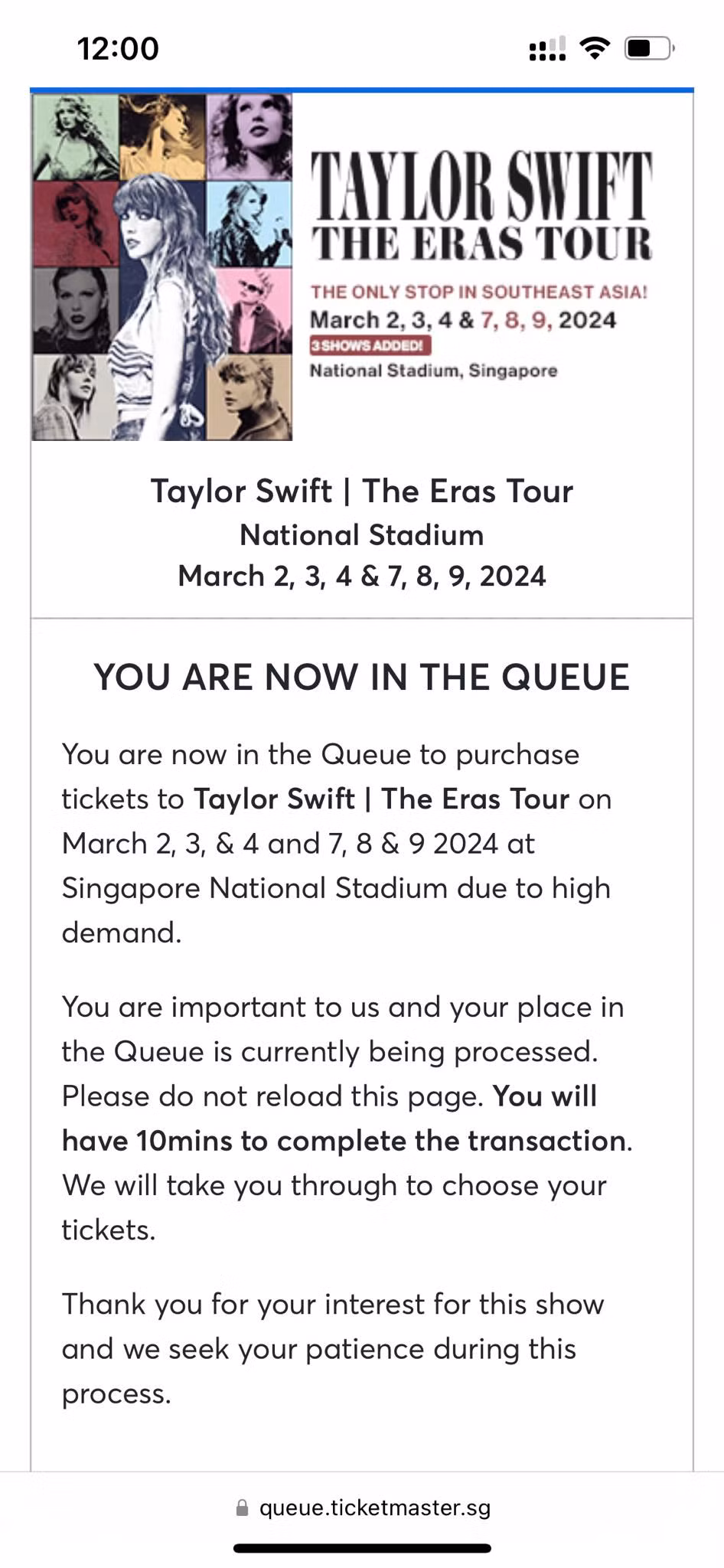 Đây là chiếc màn hình mà bất kể "fan cứng" nào của Taylor Swift cũng mong đợi - màn hình xác nhận đến lượt mua vé từ Ticketmaster. Tuy nhiên, mỗi tài khoản chỉ có 10 phút để hoàn tất toàn bộ thủ tục giao dịch và mọi rủi ro "30 chưa phải là Tết" vẫn có thể xảy ra.