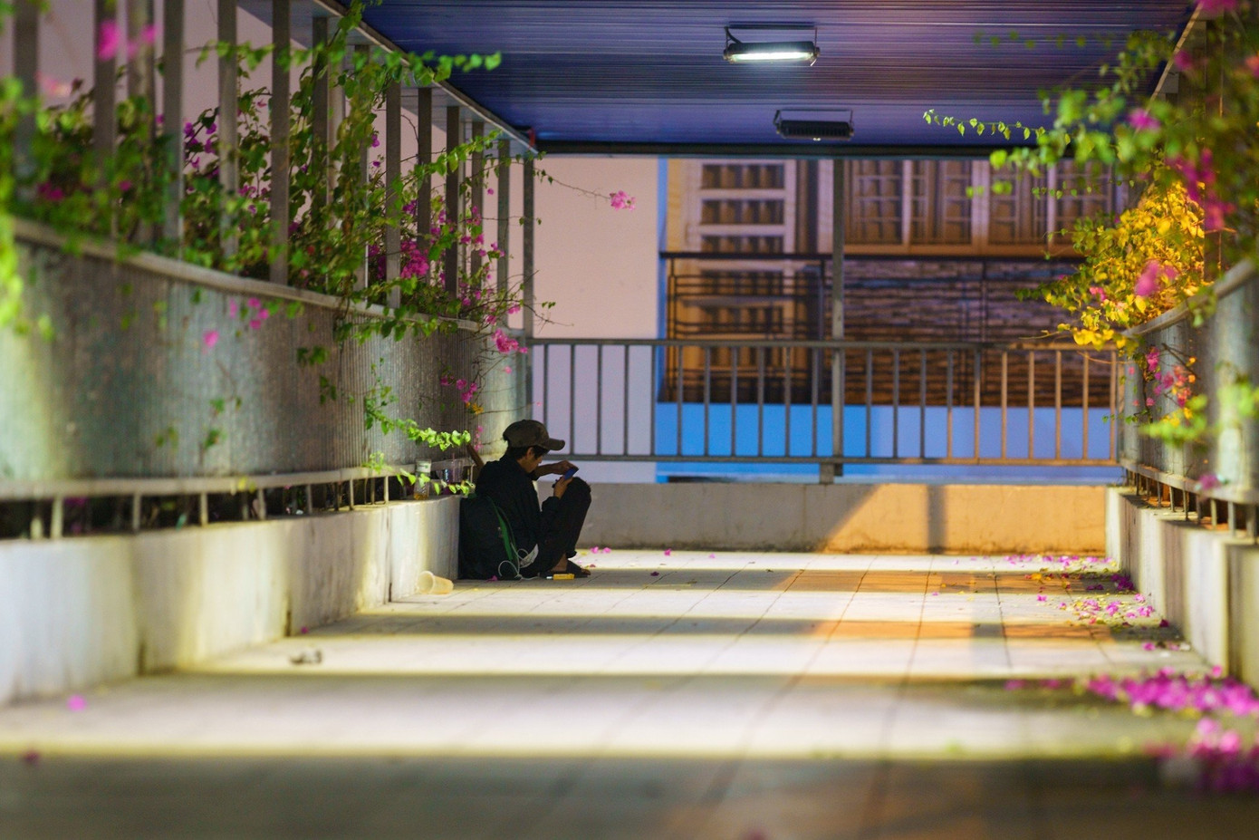 Ban đêm, các cầu vượt trở thành nơi ở của người vô gia cư. Họ tận dụng không gian trống, không có ai qua lại để ăn uống, nghỉ ngơi. Ban đêm, các cầu vượt trở thành nơi ở của người vô gia cư. Họ tận dụng không gian trống, không có ai qua lại để ăn uống, nghỉ ngơi.