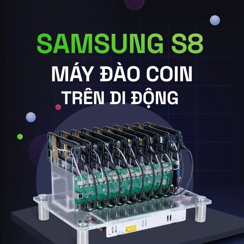 Ảnh quảng cáo cho một dàn khai thác tiền số bằng điện thoại Galaxy S8, đã tháo các linh kiện không cần thiết. Ảnh: TC.MOBI.