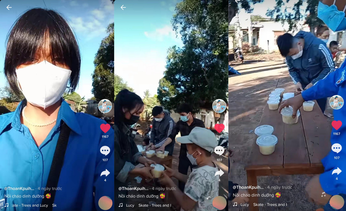 Thoan còn tham gia các hoạt động thiện nguyện, phát cháo cho các em học sinh quê mình.