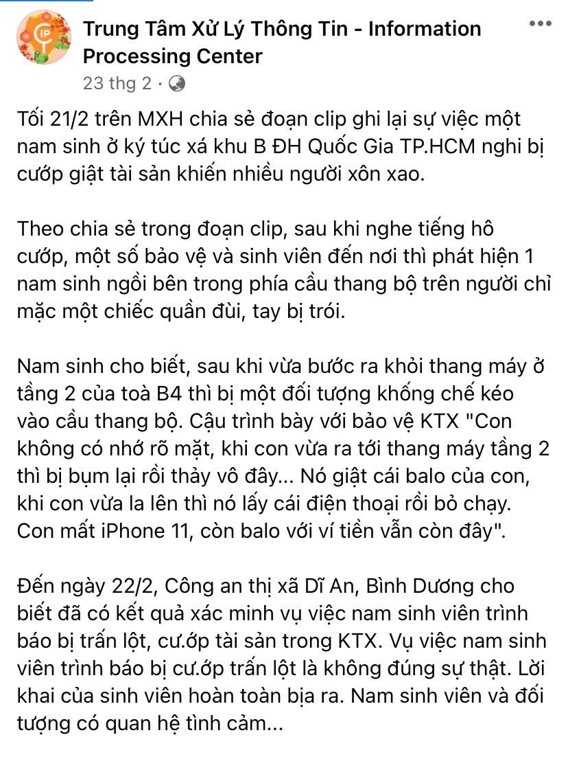 Cơ quan chức năng cảnh báo tin giả về việc nam sinh bị cướp tại Ký túc xá khu B (ĐHQG TP. HCM). Cơ quan chức năng cảnh báo tin giả về việc nam sinh bị cướp tại Ký túc xá khu B (ĐHQG TP. HCM).