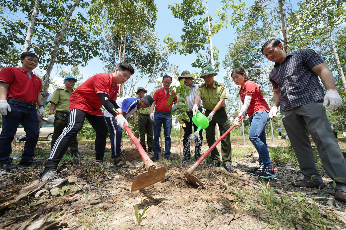 Các đại biểu và các tình nguyện viên cùng tham gia trồng cây. (Ảnh: Phạm Nguyễn)