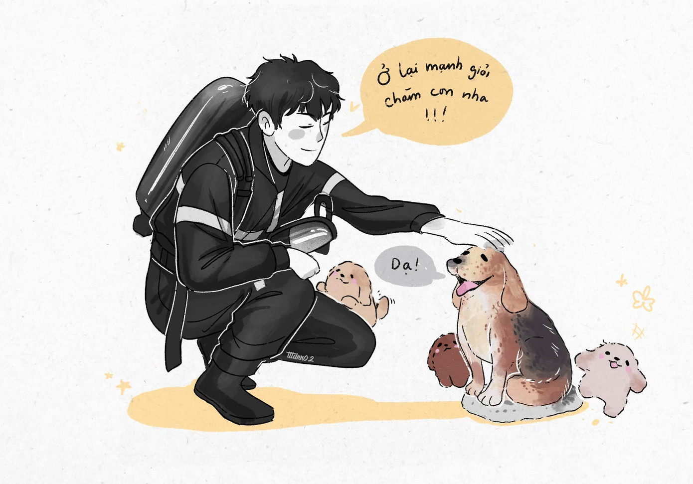 Bức tranh phác họa lại Trung úy Đỗ Đức Việt đang ngồi cạnh chú cún mà anh vừa cứu được trong một đám cháy. (Ảnh: Nguyễn Thành Vinh)