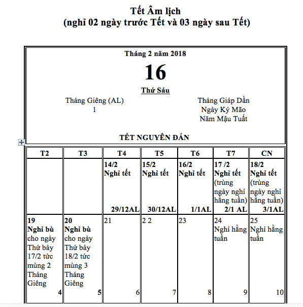 Đề xuất Tết Âm lịch 2018 được nghỉ 7 ngày ảnh 1