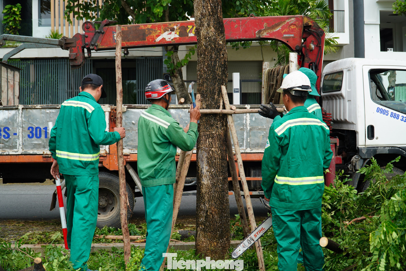 Công nhân chống đỡ cho cây xanh trên tuyến đường Thăng Long. Đây là tuyến đường ven sông có hàng loạt cây ngã đổ, nghiêng trong bão Trà Mi. Công nhân chống đỡ cho cây xanh trên tuyến đường Thăng Long. Đây là tuyến đường ven sông có hàng loạt cây ngã đổ, nghiêng trong bão Trà Mi.