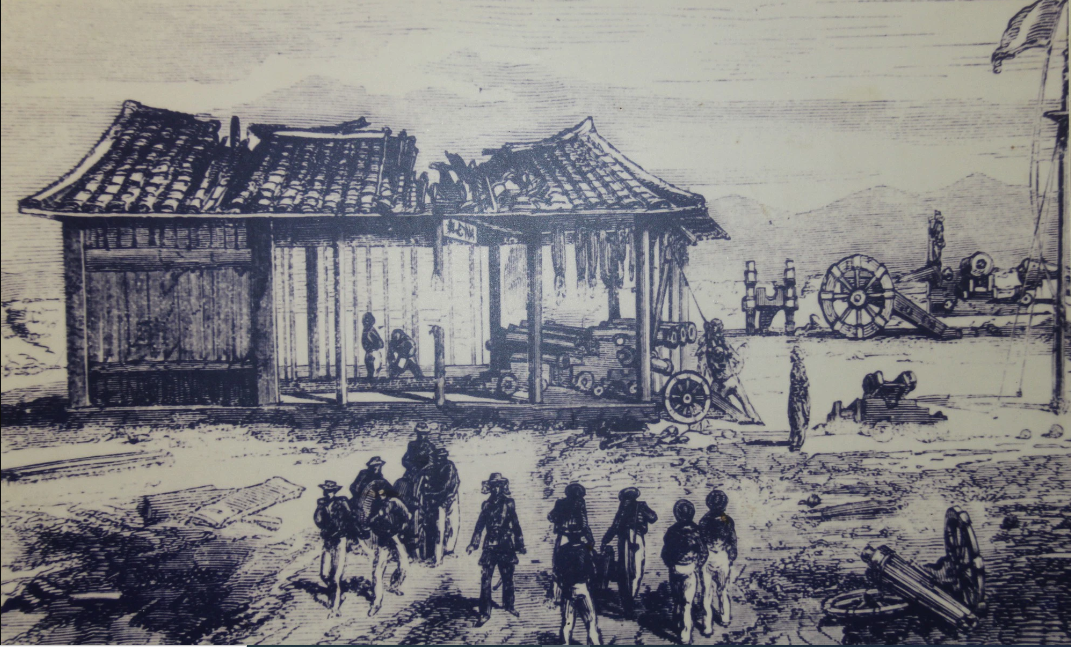 Quang cảnh thành Điện Hải khi bị Pháp đánh chiếm. Hình ảnh trưng bày tại triển lãm.